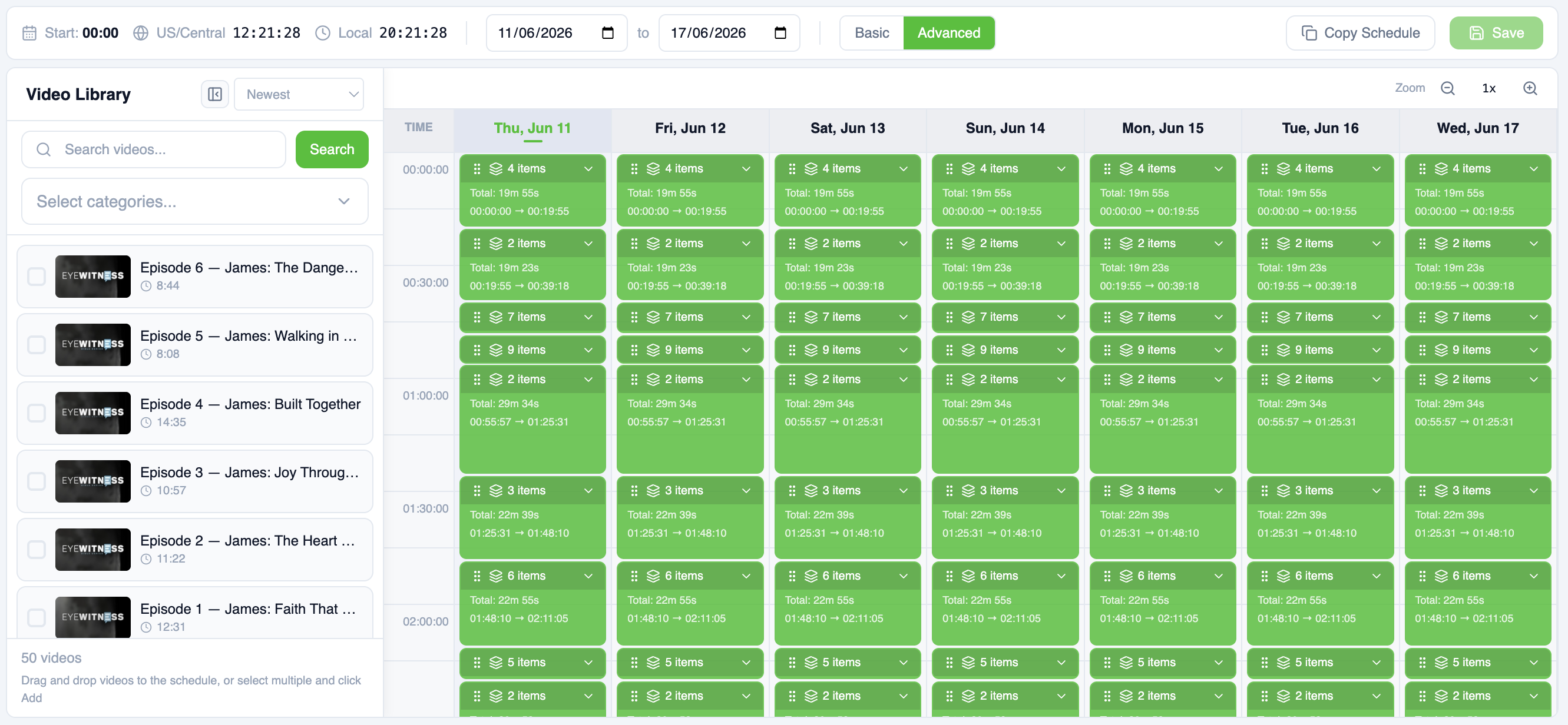 Advanced weekly channel scheduling view in Bamboo Cloud